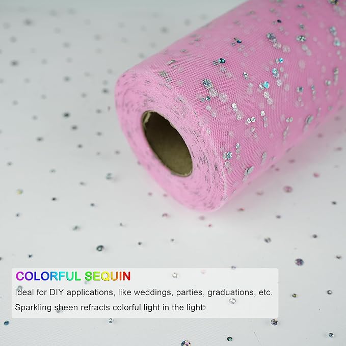 Glitter Tulle Rolls, 6' by 50 Yards (150FT) Sequin Tulle Netting Fabric for Tutu Skirts Sewing Birthday Wedding Party Decoration (Pink)
