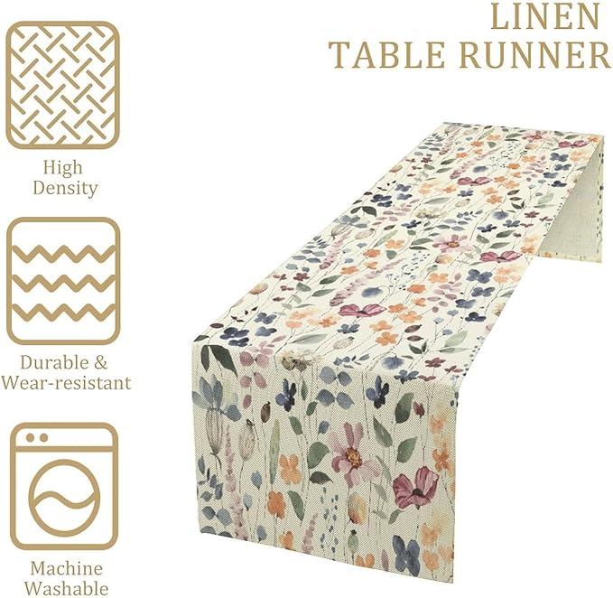 Watercolor Floral Table Runner, Vintage Colorful Floral Natural Style Pattern Decorative Home Restaurant Kitchen Rectangle Table Runner,13in（33cm） W * 120in（305cm） L