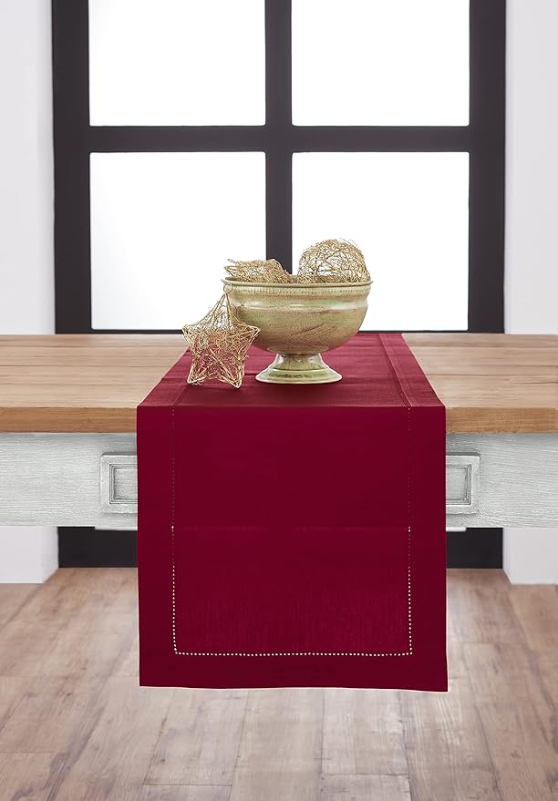 Solino Home Red Hemstitch Table Runner 48 Inches - Cotton Linen Small Table Runner 14 x 48 Inch Ideal for Dresser and Coffee Tables - Fall, Autumn, Halloween, Christmas, Holiday