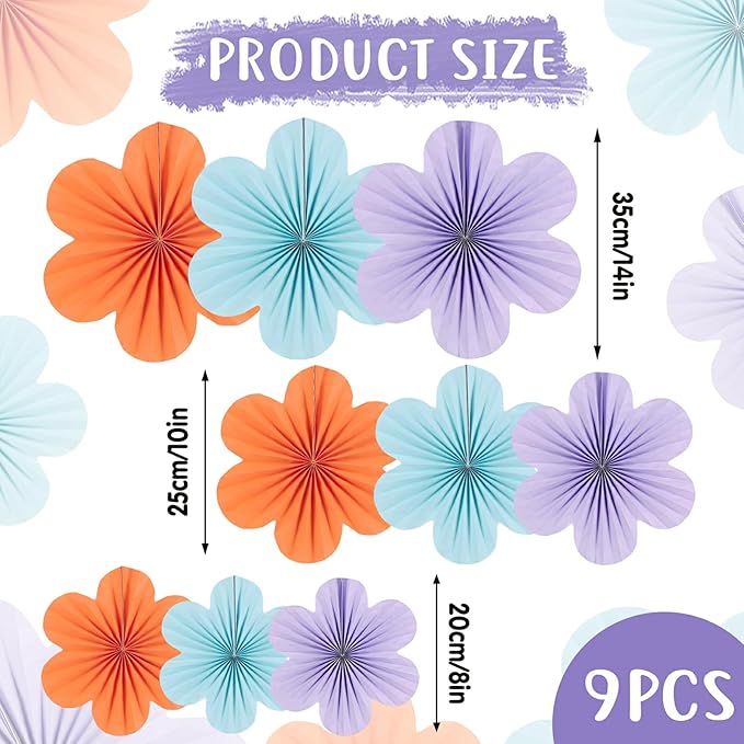 Paper Flowers Decorations for Wall Blue Paper Fans Classroom Decoration Floral Backdrop Decor Hanging Pink Flower Wall Decor, Set of 9