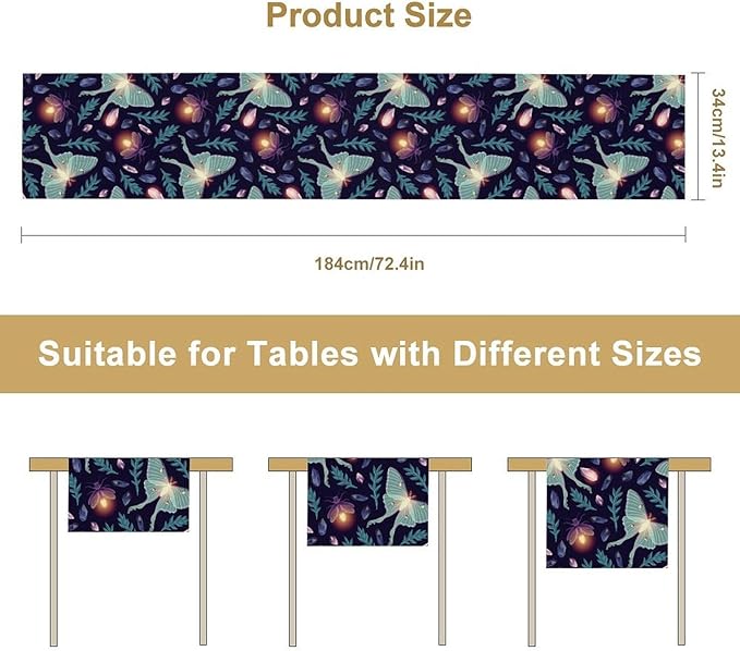 Moth Table Runner, Retro Boho Aesthetic Blue Moth Magic Table Runner for Home Kitchen Dining Party Indoor Outdoor Decoration 13x60 Inch