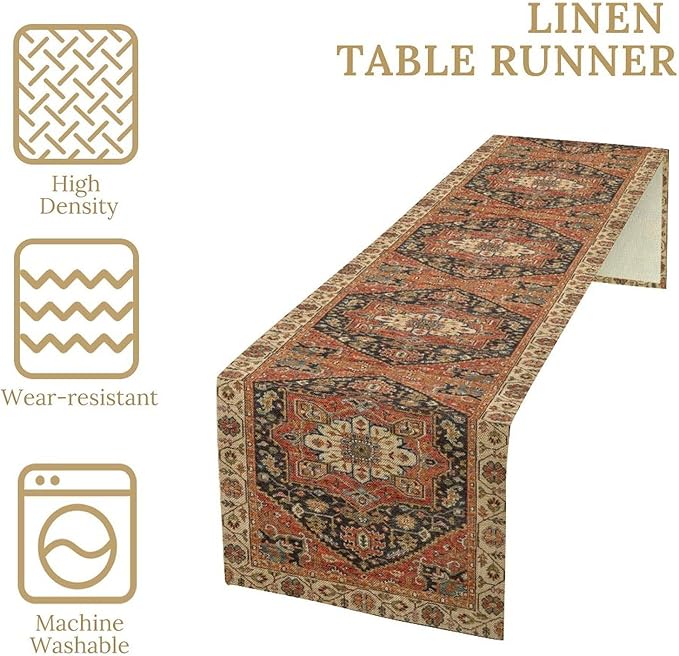 Vintage Boho Floral Table Runner, Rustic Country Farmhouse Orange Black Retro Flower Pattern for Home Kitchen Table Decor Dining Coffee Room Party Decor 13x72in