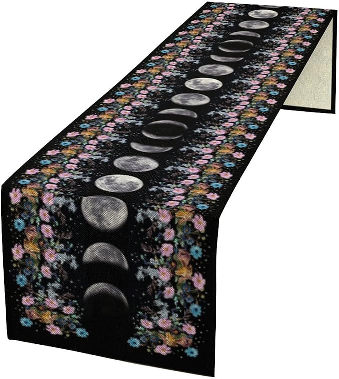 Boho Floral Moon Table Runner, Spring Flower Leaves Mystical Gothic Sun Moon Table Runner for Kitchen Dining Table Home Party,13x108 Inch Purple