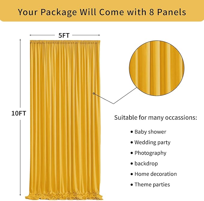 Ginger Yellow Backdrop Curtains, 8 Panels 5 ft x 10 ft Wrinkle-Free