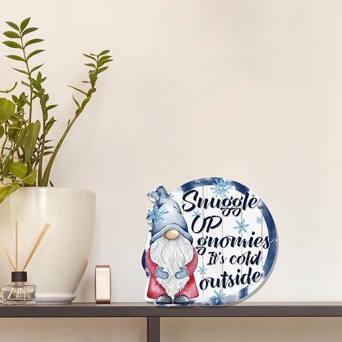 CGBHW Winter Snowflake Snowman Gnome Wooden Sign, Winter Wreath Christmas Holiday Vavy Blue Decoration Hanging Sign Wall Decor, Snuggle up Gnomies It’s Cold Outside Home Door Decor 12 x 12 Inch