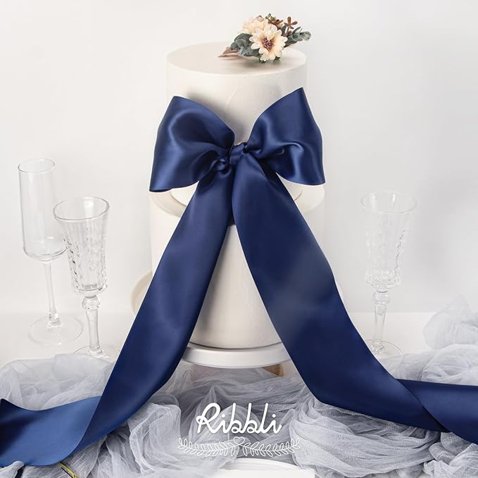 Gift Wrap Ribbon, Navy Satin Double-Faced Polyester, 4 Inch x 10 Yards