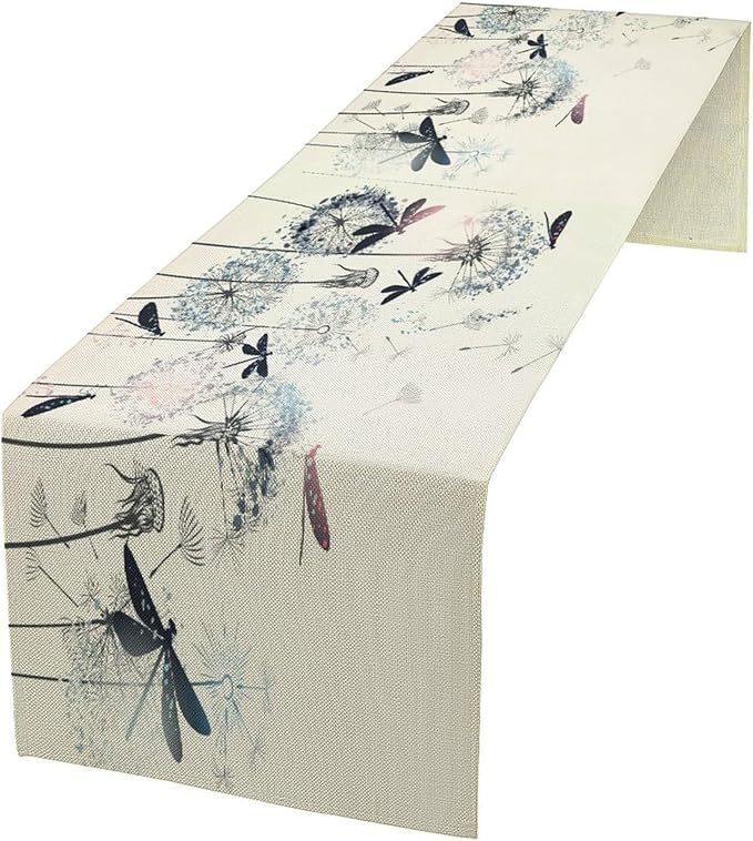 Dandelion Table Runner,Nature Rustic Dragonfly Teal Blue Floral Pattern Print Burlap Tablecloth for Hotel Indoors Outdoor Dining Room Kitchen Table Decor, 13x108in