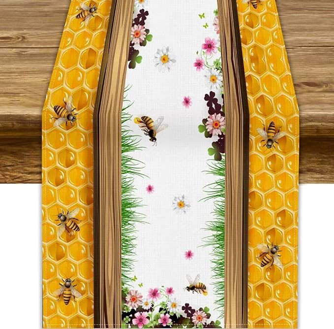 Watercolor Honeycomb Table Runner, Farmhouse Spring Summer Autumn Fall Floral Daisy Bee Print Kitchen Dining Table Decoration for Home Party Decor, 13x108inch