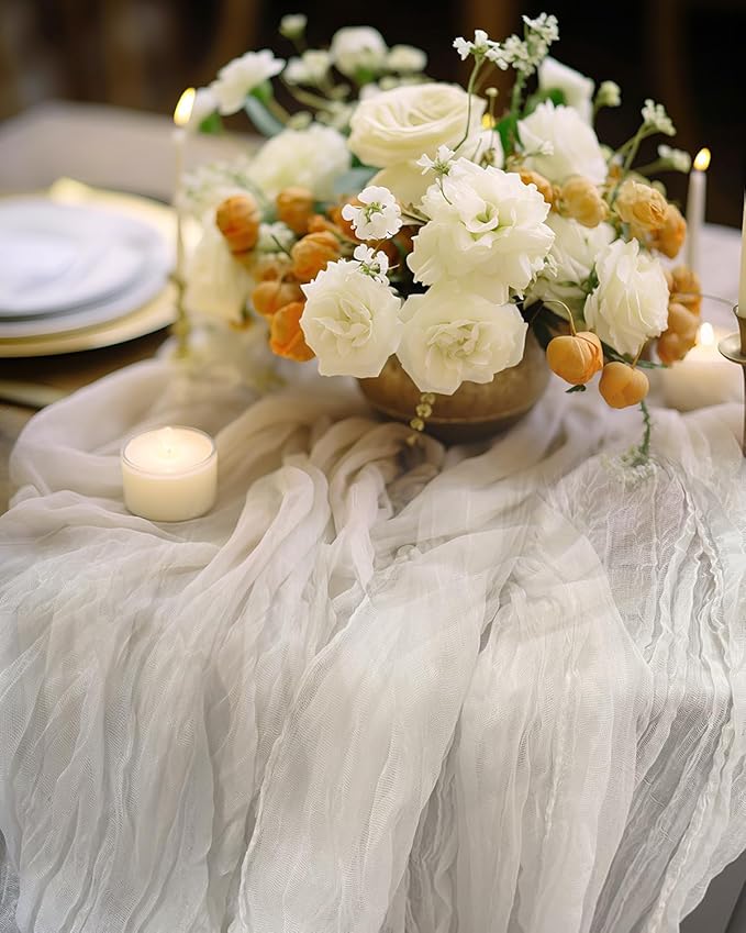 Ivory White Cheesecloth Table Runner 120 Inch, Boho Rustic Gauze 10 FT, Summer Cheese Cloth Runner for Wedding, Baby Bridal Shower, Party, Farmhouse Centerpiece Home Decorations