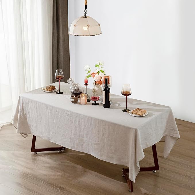 Talasily Linen Tablecloth 100% Pure Linen Table Cloth 60x144 Inches Rectangle Tablecloths Washable Cloths for Kitchen, Dining, Buffet Parties, Holidays, Picnic, Weddings and Restaurants-Natural Linen