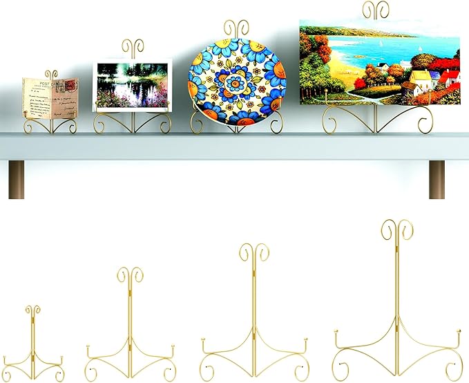 10 Inch Display Plate Stand with Folding Design, Metal Plate Holder for Tables, Picture Easel for Home Decoration, Photo Frame Stand, 10'' Gold, 2-Pack