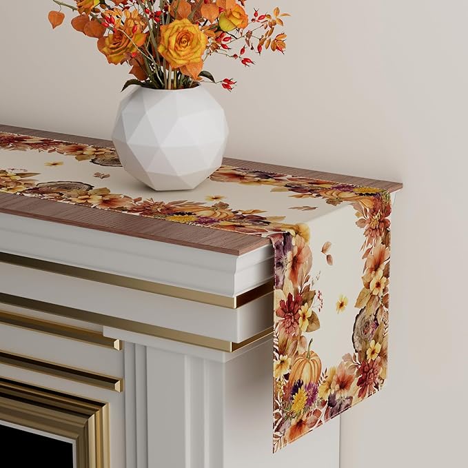 XCHI Fall Color Wild Flowers Watercolor Table Runner Table Decoration for Kitchen Dining Dinner Autumn Home Decor 13x36 Inch
