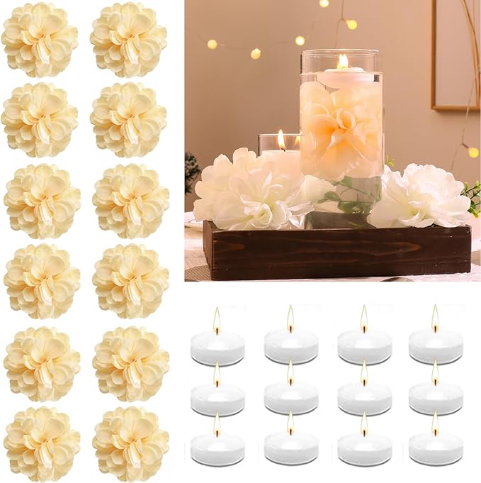 Vase Fillers, 24 Pcs Champagne Floating Flowers and White Candles