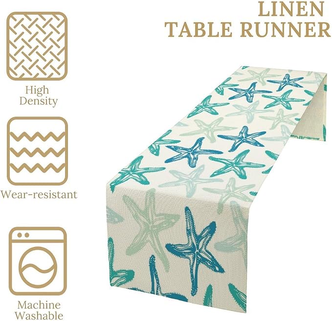 Starfish Plaid Table Flag Green Plaid and Marine Life Starfish Kitchen Table Flag Suitable for Birthday Party Restaurant Decoration Outdoor Picnic 13 * 120 Inch