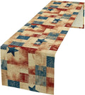 4th of July Table Runner, Rustic Vintage Country Red White Blue American Stars Independence Day Print Table Cover for Farmhouse Kitchen Dining Table Decor, 13x70inch