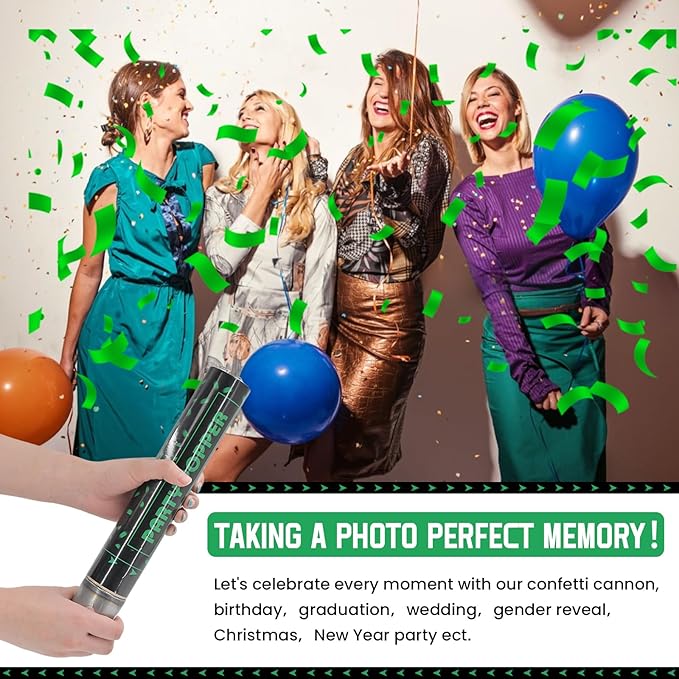 Party Poppers Confetti Cannon 12 Pack Green Poppers 12 Inch Party Shooters Mylar Confetti Green Foil Confetti Cannons Bulk for Wedding Birthday Graduation Baby Shower Christmas New Year