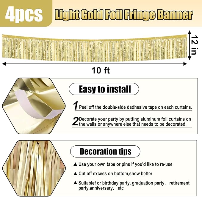 4 Pack 10 Feet Light Gold Foil Fringe Garland Metallic Tinsel Streamers Banner Wall Hanging Curtain Backdrop for Parade Floats, Wedding, Graduate, Mother's Day, Birthday Party Decoration
