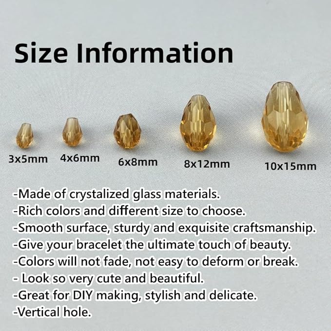 50pcs 10x15mm Teardrop Crystal Glass Beads for Jewelry Making, Faceted Vertical Hole Teardrop Glass Spacer Beads for Wind Chimes Bracelet Earring Necklace DIY Craft(Gold Champagne)