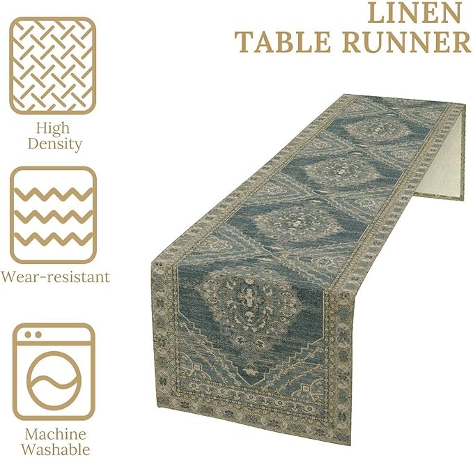 Boho Floral Vintage Table Runner, Blue Teal Retro Flower Rustic Country Farmhouse Pattern for Home Kitchen Table Decor Dining Coffee Room Party Decor 13x72in