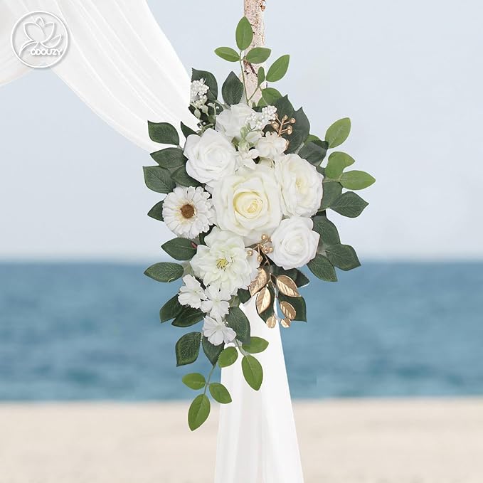 Artificial Flowers Wedding Arch Decor, White Set of 2 with 20 Plastic Stems