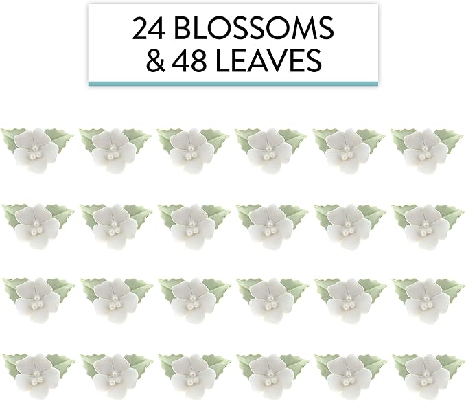 Edible Cake Toppers: 24 White Gumpaste Flowers and Leaves, Small Size