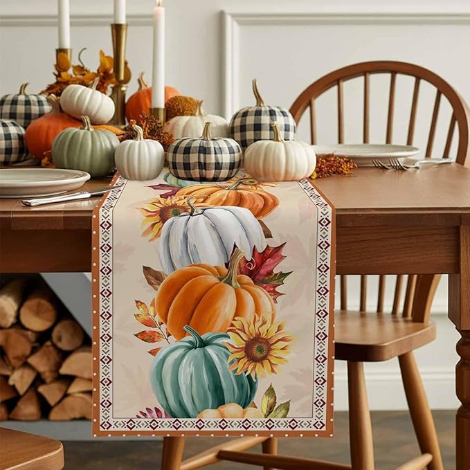 Fall Thanksgiving Southwest Cotton Linen Table Runner for Dining Kitchen, Orange Pumpkins Wedding Outdoor Party Rustic Tablerunners Decoration, Sunflower Dresser Scarf Tablecloth Runners 13x60 Inches