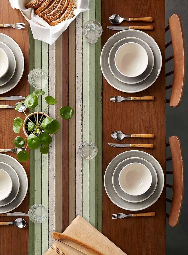 Sage Green Wooden Cotton Linen Table Runner for Dining Kitchen, Wedding Outdoor Party Tablerunners Decoration, Vintage Country Retro Distressed Grain Dresser Scarf Coffee Tablecloth Runners 13''x48''