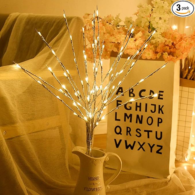 Autohigh 3-PK Lighted Branches 60 LEDs Warm White Lighting Artificial Willow,Battery Operated,Silver Decoration for Living Room Bedroom Livingroom,Home