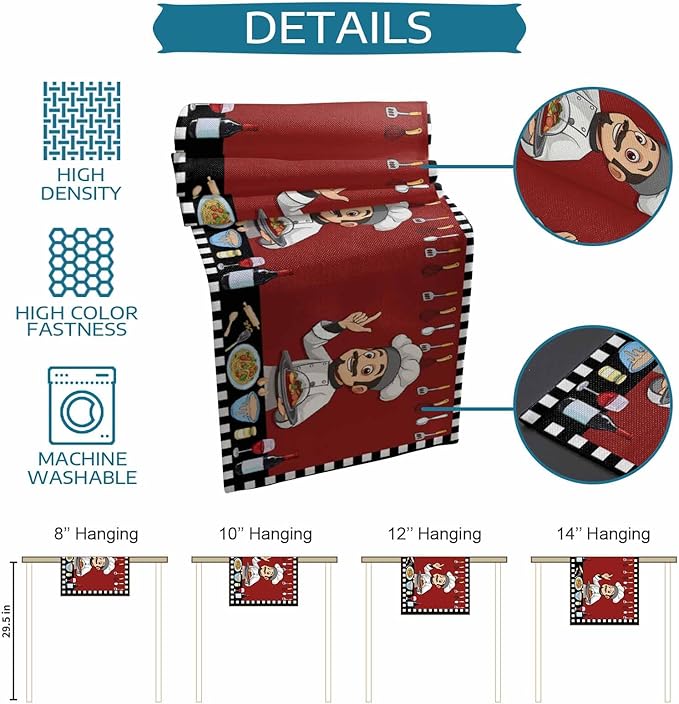 Red Chef Gourmet Cotton Linen Table Runner for Dining Kitchen, Wedding Outdoor Party Tablerunners Decoration, Black White Check Plaid Funny Kitchen Dresser Scarf Coffee Tablecloth Runners 13''x108''