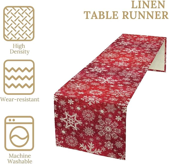Snowflakes Christmas Table Runner, Winter Holiday Red Table Cloth Kitchen Dining Table Decoration for Home Party Decor 13x108 Inch