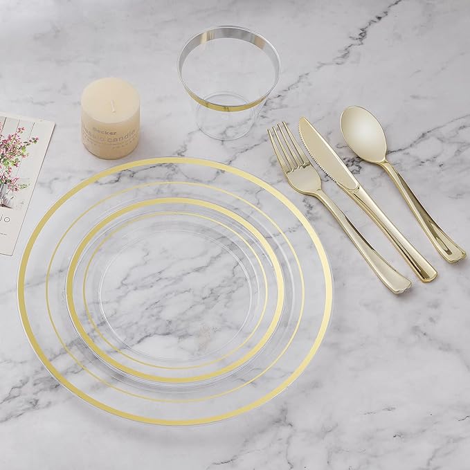 BESTVIP 150PCS Plastic Dinnerware Set (25 Guests), Clear Gold Disposable Plates for Party, Wedding, Christmas, Anniversary, Includes: Dinner Plates, Dessert Plates, Cups, Spoons, Forks and Knives