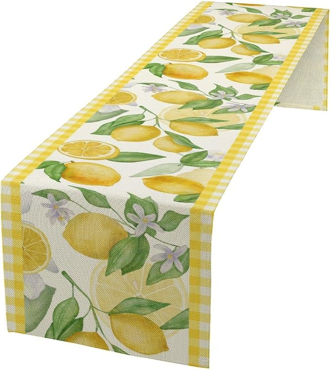 Lemon Table Runner,Yellow White Buffalo Plaid Summer Table Runner for Kitchen Dining Table Home Party Decoration 13x90 Inch