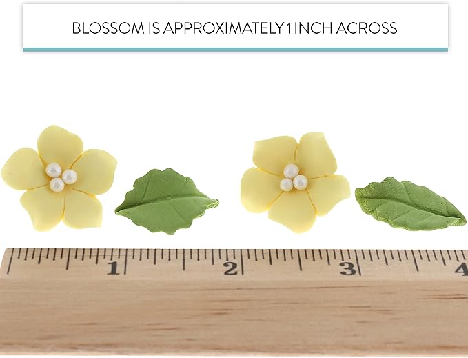 Edible Cake Toppers: Small Yellow Gumpaste Flowers and Leaves, 24 Count