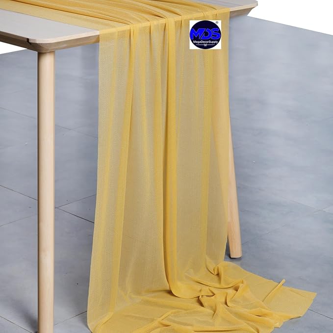 MDS 15 Pack 10ft Chiffon Table Runner 29 x 120 Inches Sheer Wedding Runner Romantic Rustic Table Runner for Wedding Decorations, Birthday Parties, Bridal Shower Party Arch Decor - Gold