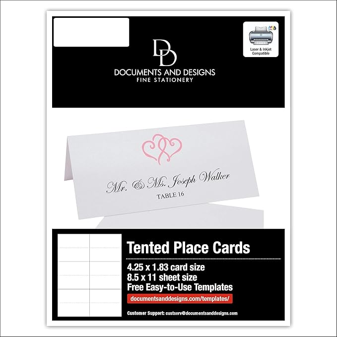 Linked Hearts Printable Place Cards, Pink (Choose Color), Set of 60 (10 Sheets), Laser & Inkjet Printers - Wedding, Party, Dinner, and Special Events - Made in the USA