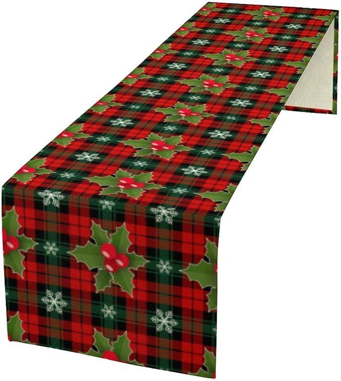 Christmas Table Runner, Red Check Plaid Winter Xmas Holiday Table Cloth Kitchen Dining Table Decoration for Home Party Decor 13x60 Inch