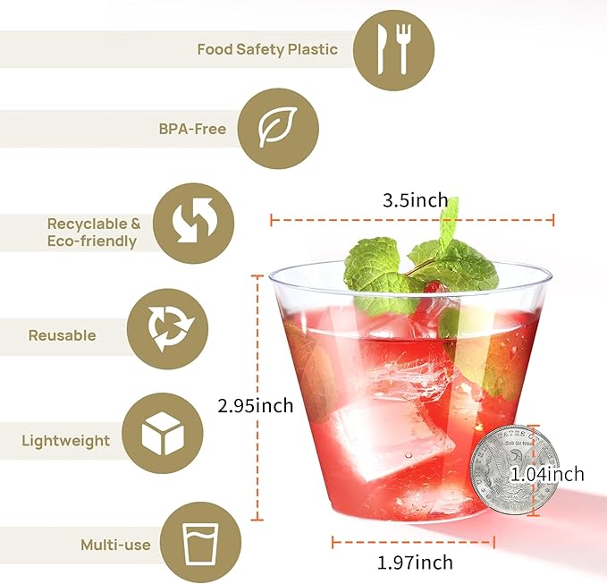 100Counts 9 OZ. Disposable Cups Old fashioned Party Tumblers, 9 Ounce Squat Cups Clear Hard Plastic Cups for Party Wedding
