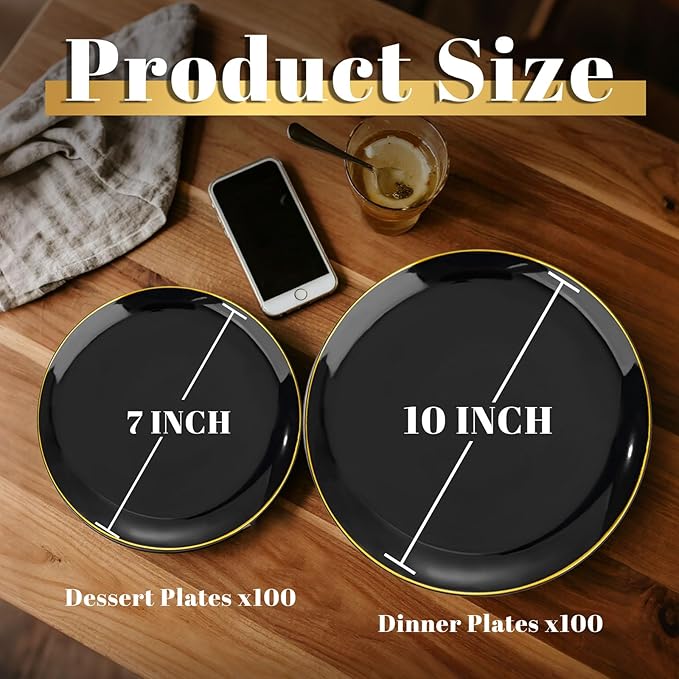 Plates in Black with Gold Trim, 200 Count Disposable Plastic Party Set