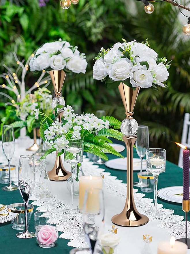 VIJIV Gold Flower Vase for Centerpiece Table Decorations Wedding Reception Decor, 21.3 Inch Tall Metal Vase for Feather Flower Holder Stand Floral Arrangement Gatsby Party Dinner Event Hotel
