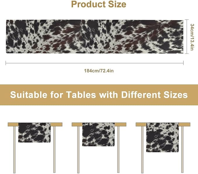 Cow Print Table Runner, Country Farm Animal Fur Skin Pattern Western Style Black Brown Cowhide Print Dinner Runner for Home Kitchen Dining Home Setting, 13x90 Inch