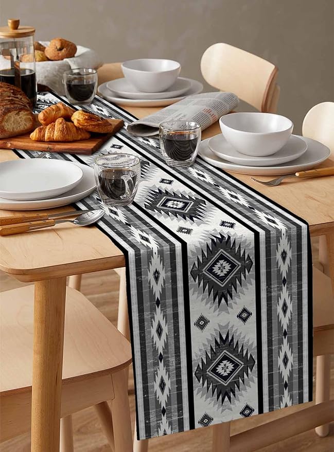 Aztec Southwest Cotton Linen Table Runner for Dining Kitchen, Wedding Outdoor Party Tablerunners Decoration, Boho Ethnic Tribes Vintage Grey Dresser Scarf Coffee Tablecloth Runners 13x108 Inches