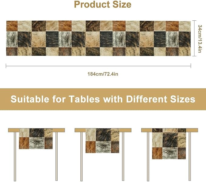 Rustic Cow Skin Patchwork Print Table Runner, Farmhouse Country Western Style Fur Table Cover for Dinning Home Party Holidays Home Setting, 13x90 Inch