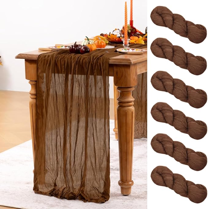 Brown Cheesecloth Table Runner Tan 6 Pack Fall Table Runners Boho Gauze 120 Inches Marron Cheese Cloth Fall Table Decorations for Thanksgiving Wedding Bridal Baby Shower Tea Party Decor