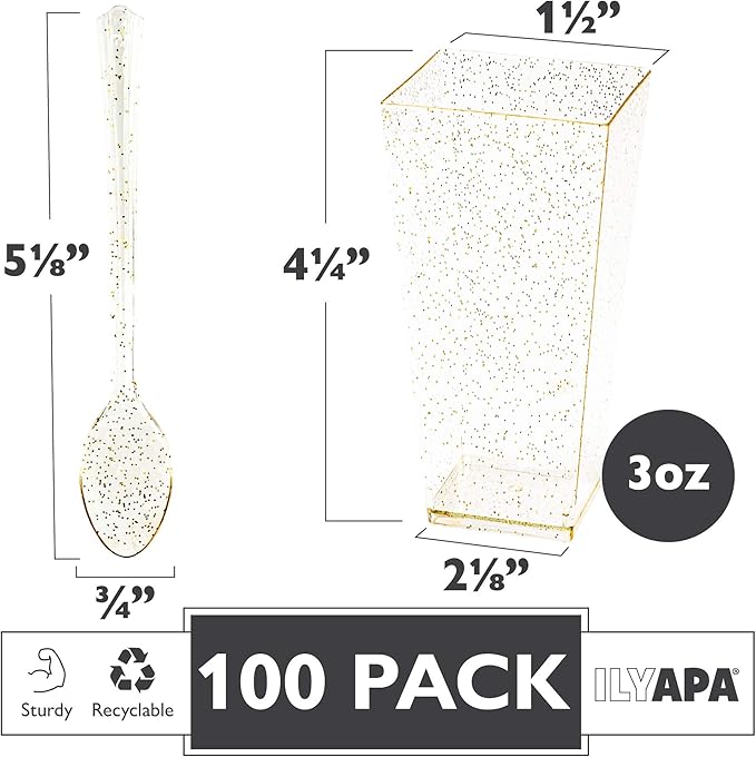 Ilyapa 3oz Plastic Dessert Cups - 100 Pack Mini Dessert Cups with Spoons - Clear Reusable Small Appetizer Cup for Cheesecake Shooters, Chocolate Mousse - Party and Catering Supplies - Square Gold