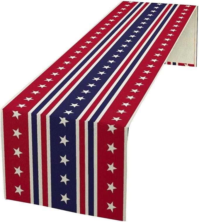 4th of July Table Runner, USA Flag Stars Stripes American Independence Day Red Blue White Stars Lines Print Table Cover for Farmhouse Kitchen Indoor Outdoor Home Party, 13x108inch