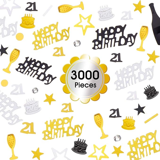 Sumind 3000 Pcs 21st Birthday Metallic Foil Confetti Table Scatter Decorations for Birthday Party DIY Arts and Crafting, Gold, Black and Silver