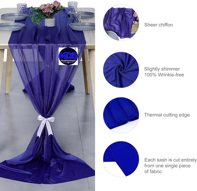MDS 20 Pack 10ft Chiffon Table Runner 29 x 120 Inches Sheer Wedding Runner Romantic Rustic Table Runner for Wedding Decorations, Birthday Parties, Bridal Shower Party Arch Decor - Royal Blue