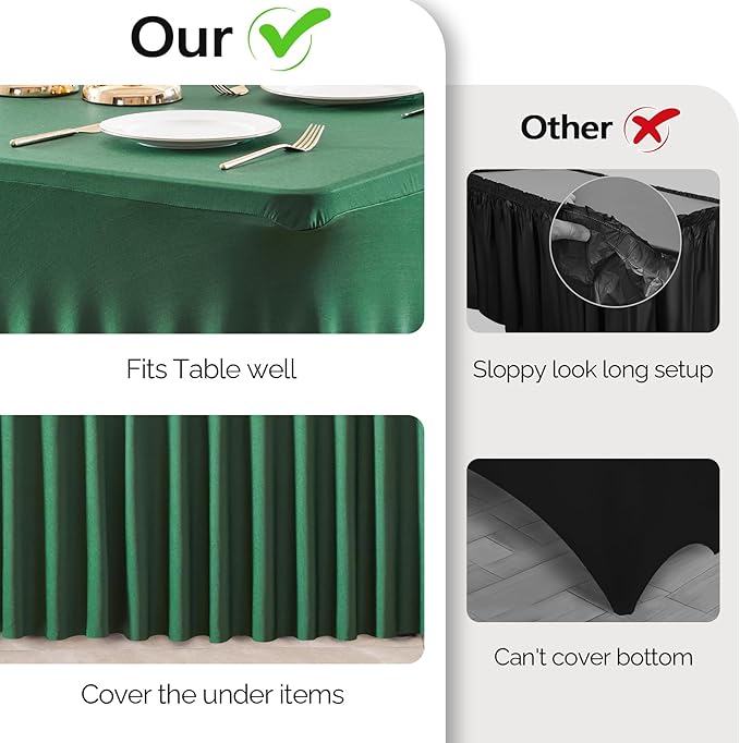 Wish Care 6 Pack Hunter Green Spandex Table Clothes for 6 Foot Rectangle Tables, 6FT Wrinkle Free Fitted Tablecloths Ruffles Design Table Cover for Party, Banquet, Wedding and Events