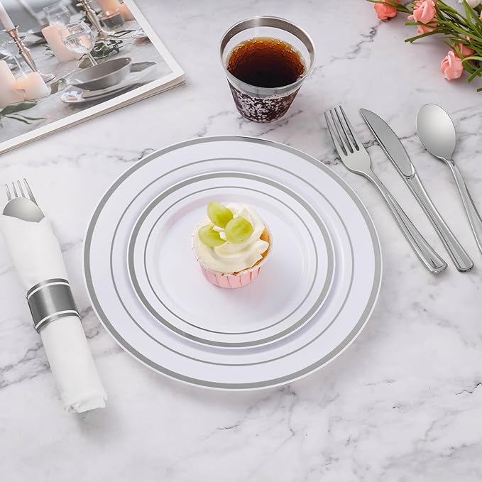 Goodluck 175 Piece Silver Plastic Dinnerware Set for 25 Guests, Fancy Disposable Plates for Party, Include: 25 Dinner Plates, 25 Dessert Plates, 25 Pre Rolled Napkins with Silver Silverware, 25 Cups