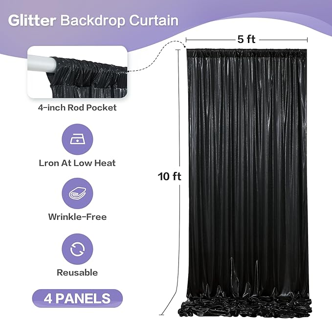 Sequin Backdrop Curtain Black, 4-Panel Glitter Polyester with Rod Pocket